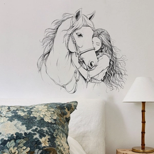 Adesivo da Parete Ragazza e Cavallo in Stile Schizzo Artistico PVC Rimovibile Line Art Decalcomania per Camera da Letto Soggiorno Decor PH-QT2912