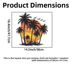 Size chart showing dimensions of the sunset palm tree wall sticker 14.5 by 16.4 inches