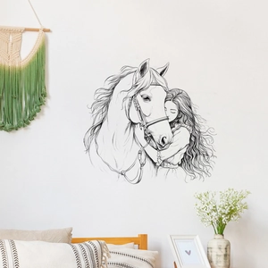 Adesivo murale stile schizzo con donna e cavallo per decorazione d'interni moderna