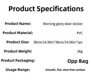 Specifications of PVC morning glory flower door sticker measuring 38x38cm in OPP bag