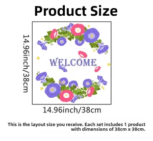 Detail view of the welcome flower wall sticker dimensions and purple floral layout