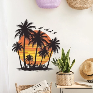 Tropical sunset wall decal featuring palm tree silhouettes and flying birds for home decor