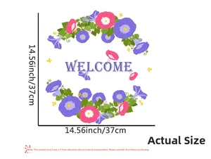Floral welcome wreath wall decal with purple petunias, 14.56 inch size measurement