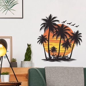 Tropical beach sunset wall decal with palm trees and birds silhouette for living room decor