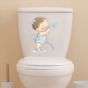 Cute cartoon girl and blue butterfly waterproof PVC wall sticker for toilet decoration