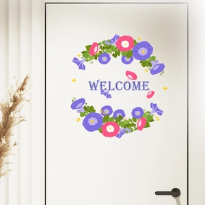 Floral morning glory wreath wall sticker with Welcome text on a minimalist white door