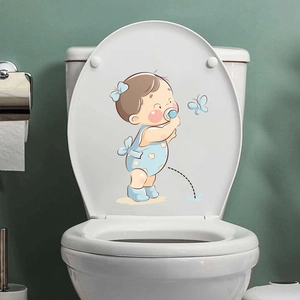 Cute cartoon girl peeing waterproof sticker on white ceramic toilet lid in bathroom decor