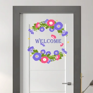 Floral Welcome wall sticker with purple morning glory wreath for home entrance decor