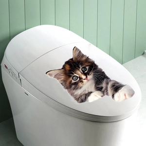 Detailed 3D cat sticker on a white toilet lid for creative bathroom home wall decoration