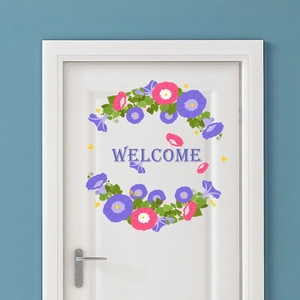Morning Glory Floral Wreath Welcome Door Sticker Purple Pink Flower PVC Waterproof Wall Decal For Living Room Home Decor