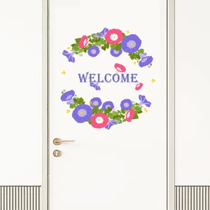 Welcome door sticker with purple morning glory floral wreath for home wall decoration