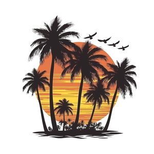 Tropical sunset wall decal with palm trees and flying birds for home decoration