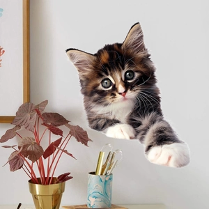 Realistic cat wall sticker showing a kitten peeking from a modern white bathroom wall