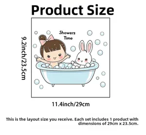 Wall sticker product dimensions showing girl in bathtub and rabbit at 9.2 inches wide