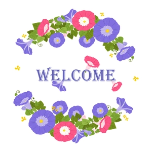 Floral Welcome wall decal with purple morning glory flowers for living room decor