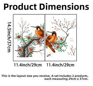 Detailed dimension layout for Chinese style floral bird wall stickers in two piece set