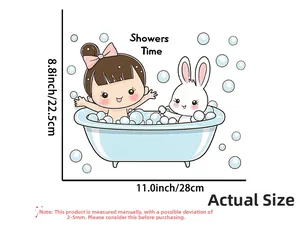 Detailed view of waterproof PVC wall decal featuring a girl and rabbit in a bathtub