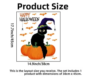Detailed Halloween wall decal layout with black cat, pumpkin, bats and Happy Halloween text