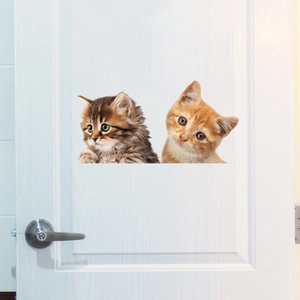 Detailed 3D cat wall sticker showing two realistic kittens peeping from a white door