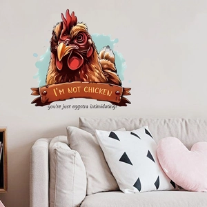 Detailed wall sticker featuring a rooster and a funny quote in a cozy living room setting