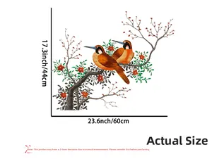 Detailed dimensions of bird on flower branch wall decal measuring 60cm by 44cm
