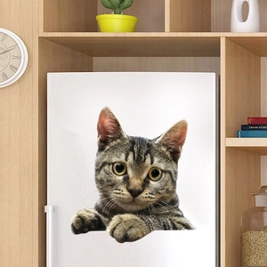 Realistic 3D brown tabby cat wall sticker decoration for bathroom or home fridge