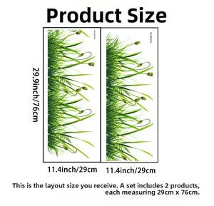 Size specifications for two-piece set of green grass wall decals, 29 by 76 cm each