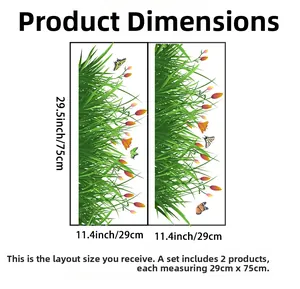 Dimensions détaillées de 2 stickers muraux avec herbe verte et papillons colorés