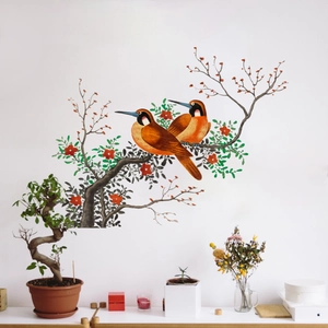 Artistic bird on tree branch wall sticker with red flowers for home living room decor
