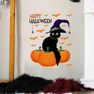 Halloween wall sticker with black cat in witch hat on pumpkins and Happy Halloween text