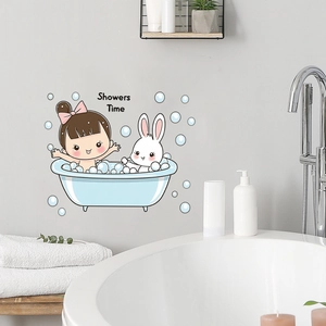 Cartoon girl and rabbit bathtub wall decal with Showers Time text for bathroom decor