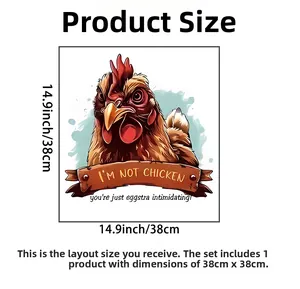 Detailed view of square rooster wall sticker with I'M NOT CHICKEN text and 38cm dimensions