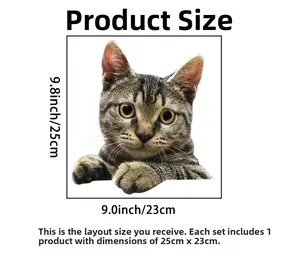 Detail showing dimensions of the cute brown tabby cat wall sticker measuring 9.8 by 9.0 inches