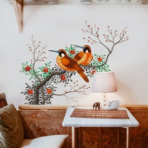 Bird on branch wall decal with orange birds and red flowers for home living room decor