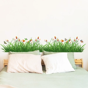 Stickers muraux d'herbe verte et fleurs oranges avec papillons pour décor de chambre