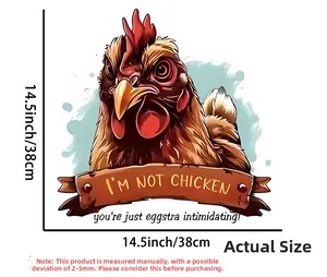 Detail view of rooster wall sticker with I'm Not Chicken slogan and 14.5 inch scale