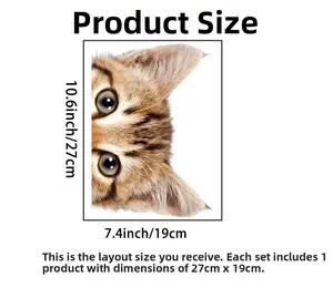 Detailed size chart showing 27cm x 19cm dimensions for orange tabby cat wall sticker