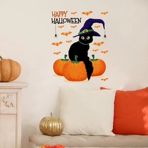 Halloween wall sticker featuring a black cat with purple wizard hat, pumpkins and bats