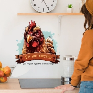 Kitchen wall sticker featuring a rooster head and humorous text on white tile wall