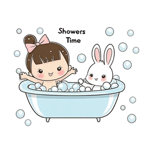 Cartoon girl and white rabbit in bathtub wall sticker decoration for bathroom