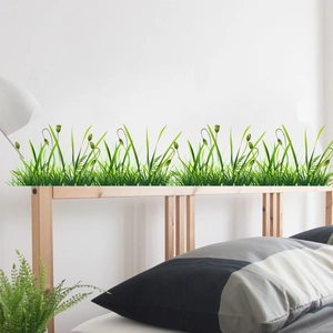 Green seedling grass wall stickers with small red buds for natural bedroom decoration