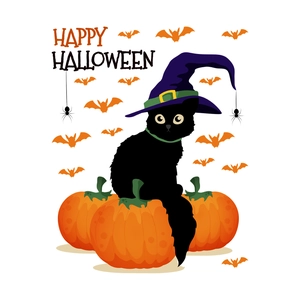 Halloween wall sticker with black cat in wizard hat, pumpkins and bats on white background