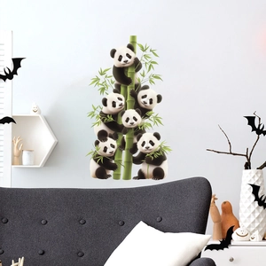 Cute cartoon panda and green bamboo wall stickers for minimalist living room decor