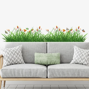 Sticker Mural Jardin Plante Herbe Fleur Papillon Auto-adhésif PVC Décalcomanie Bordure Tulipe Verte pour Salon Décoration