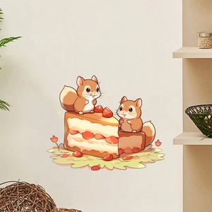 Stickers muraux écureuils mignons et gâteau aux fraises pour déco de chambre