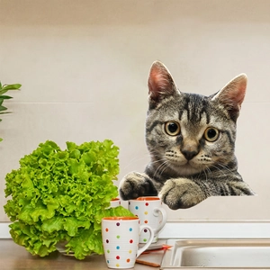 Detailed 3D cat wall sticker with grey tabby kitten peeking for bathroom or kitchen decor