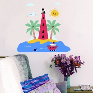 Lighthouse wall decal set with palm trees and sun for bedroom and living room decor