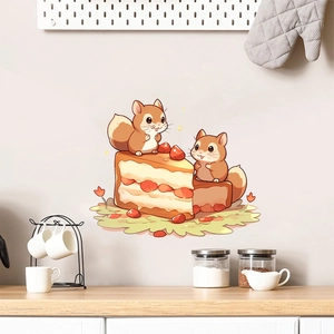 Mignons Stickers Muraux en PVC Écureuil et Gâteau Dessin Animé Autocollants Muraux Amovibles pour Chambre d'Enfant Cuisine Décor