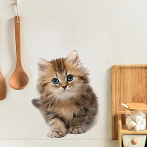 Detail of 3D kitten wall sticker with fluffy fur and blue eyes on a clean kitchen background