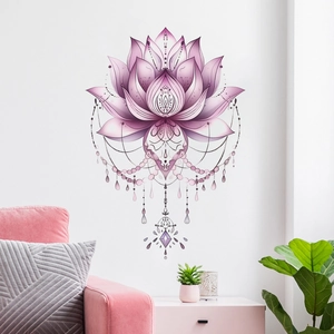 Sticker mural lotus rose et violet avec motifs mandala pour déco de salon